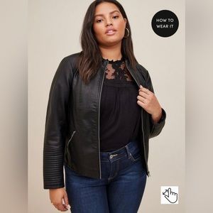 Faux leather collarless moto jacket